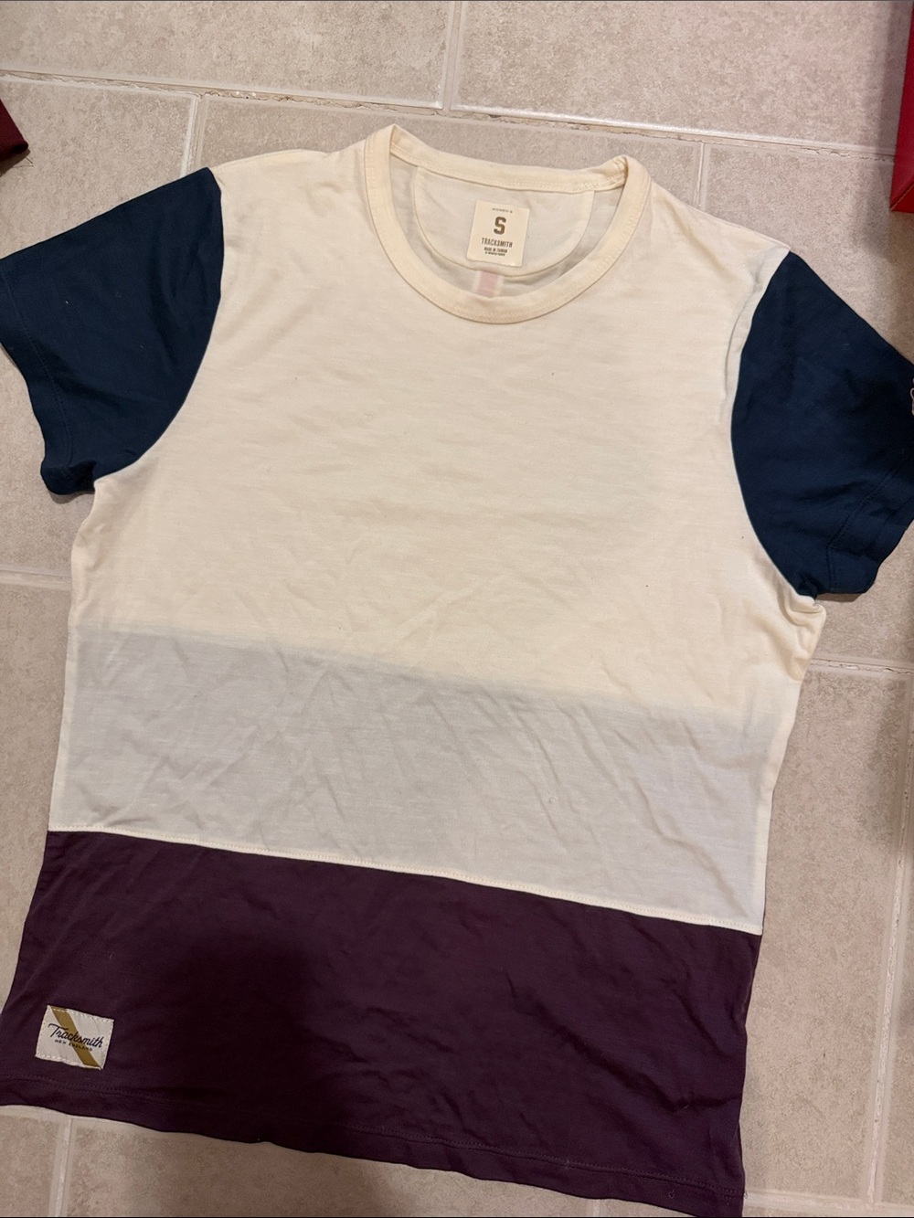 Tracksmith Navy, Off-White & Plum “Off Roads” Merino Harrier Colorblock Tee